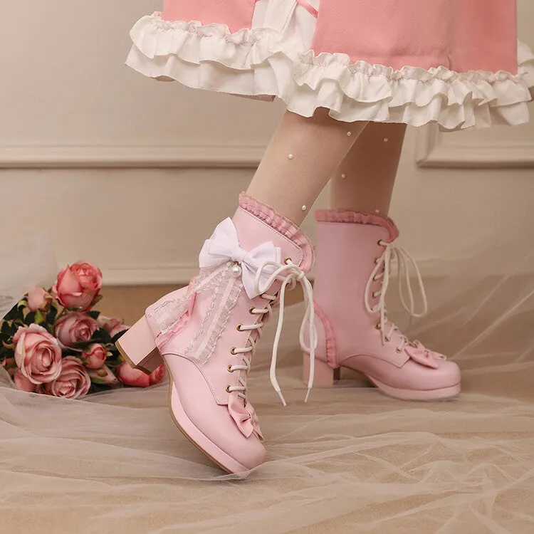 Women's Lace Bows Round Toe Block Heel Platform Ankle Boots