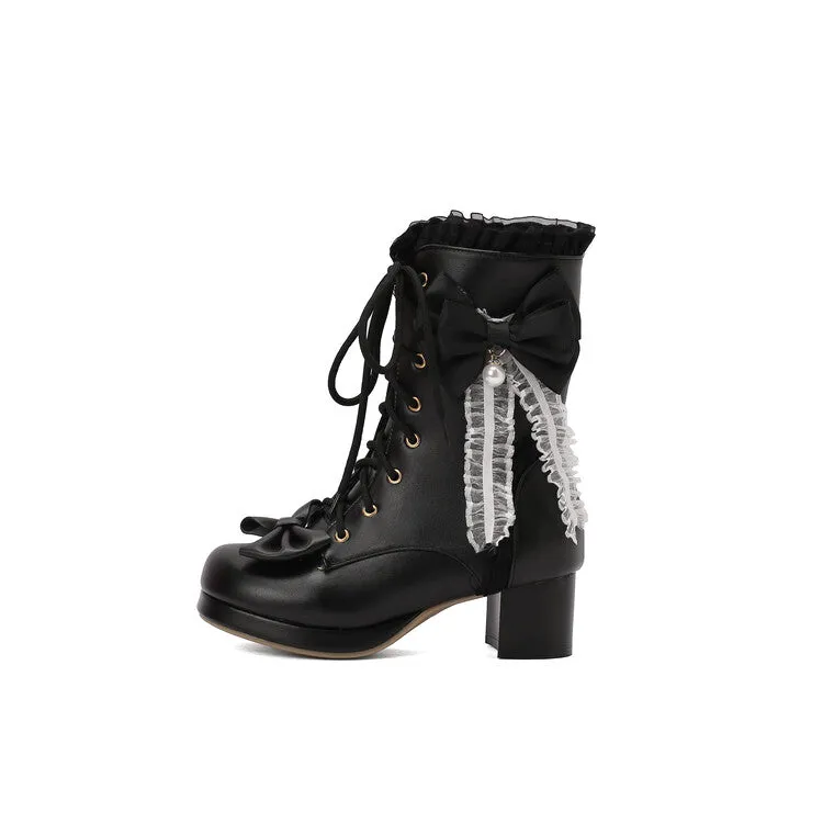 Women's Lace Bows Round Toe Block Heel Platform Ankle Boots
