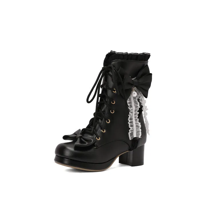 Women's Lace Bows Round Toe Block Heel Platform Ankle Boots