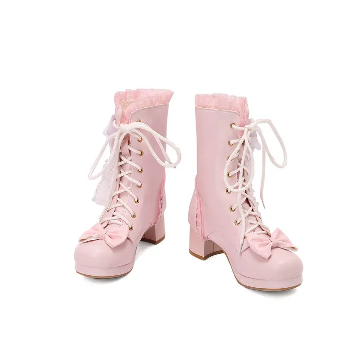 Women's Lace Bows Round Toe Block Heel Platform Ankle Boots
