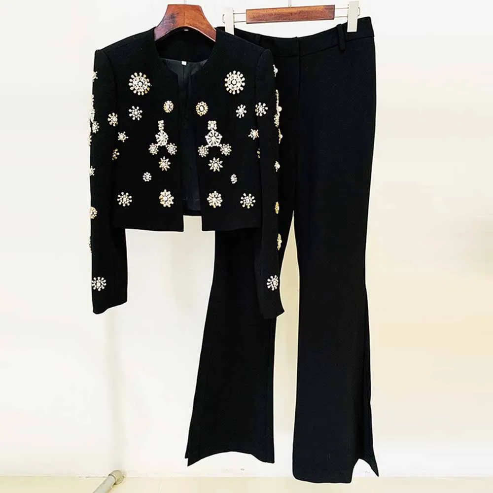 Womens Pantsuit Hand Sewn Pearls Jewellery Crop Blazer Jacket   Flare Trousers Side Slit Pants Suit