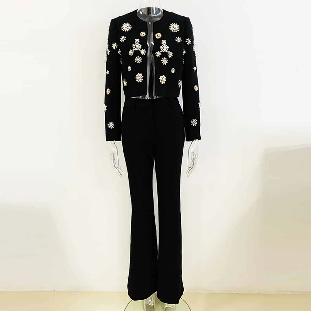 Womens Pantsuit Hand Sewn Pearls Jewellery Crop Blazer Jacket   Flare Trousers Side Slit Pants Suit