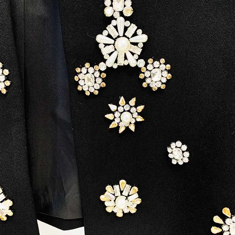 Womens Pantsuit Hand Sewn Pearls Jewellery Crop Blazer Jacket   Flare Trousers Side Slit Pants Suit