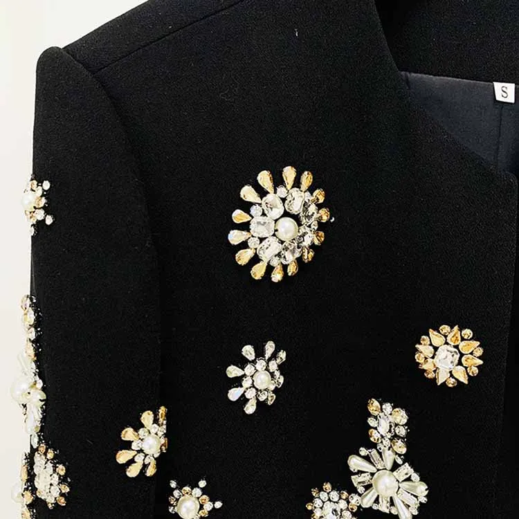 Womens Pantsuit Hand Sewn Pearls Jewellery Crop Blazer Jacket   Flare Trousers Side Slit Pants Suit