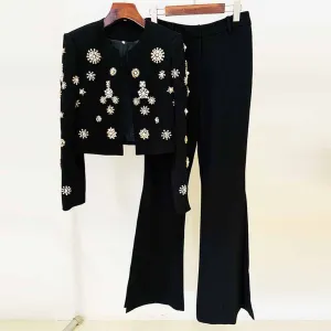Womens Pantsuit Hand Sewn Pearls Jewellery Crop Blazer Jacket   Flare Trousers Side Slit Pants Suit
