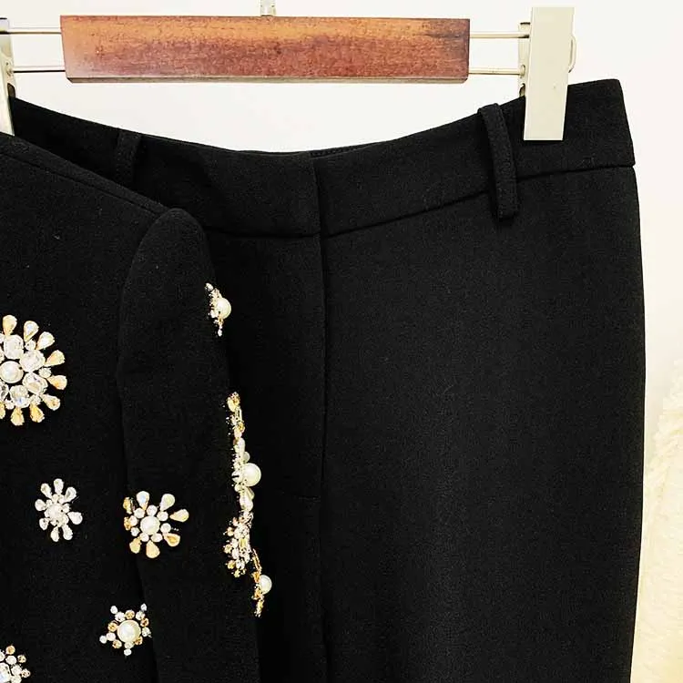 Womens Pantsuit Hand Sewn Pearls Jewellery Crop Blazer Jacket   Flare Trousers Side Slit Pants Suit