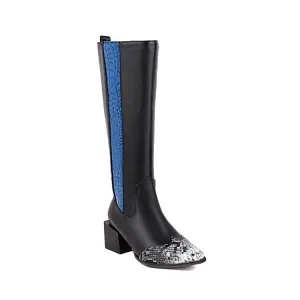 Women's Patchwork Block Chunky Heel Knee High Boots