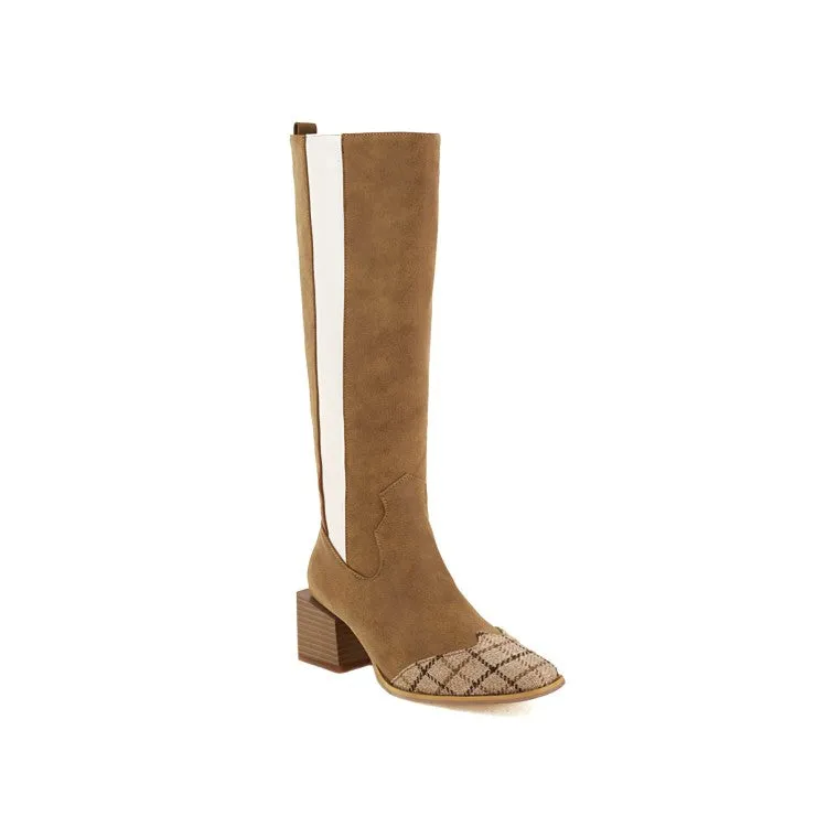 Women's Patchwork Block Chunky Heel Knee High Boots