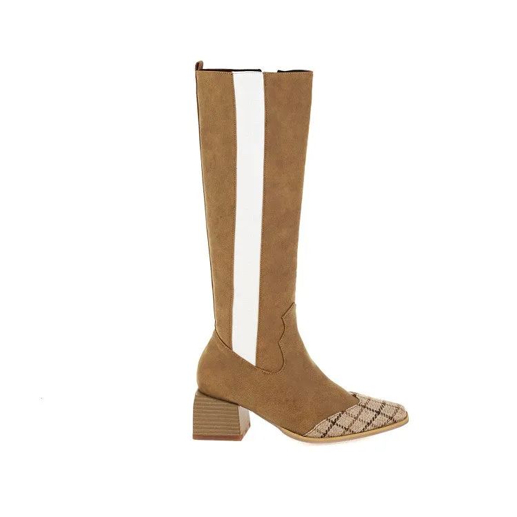 Women's Patchwork Block Chunky Heel Knee High Boots
