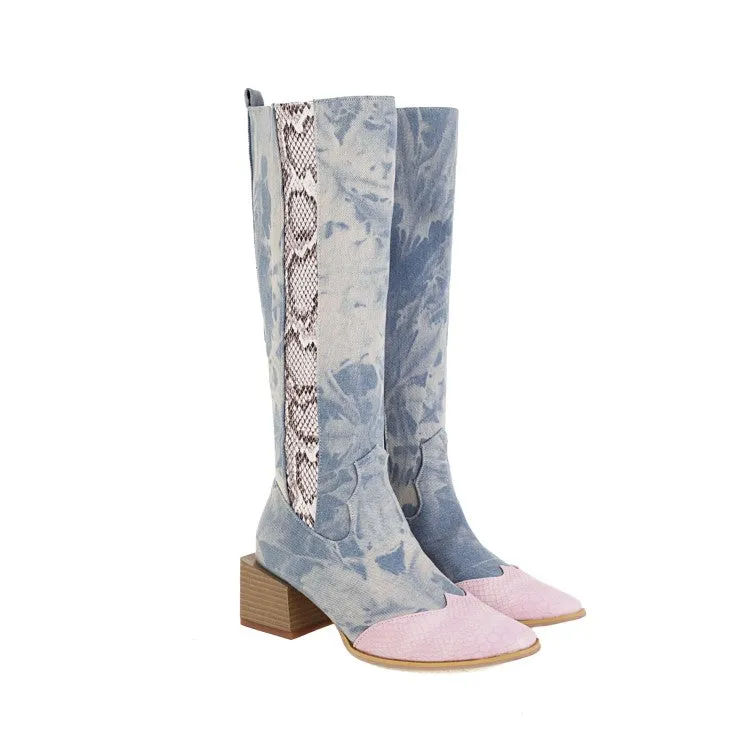 Women's Patchwork Block Chunky Heel Knee High Boots