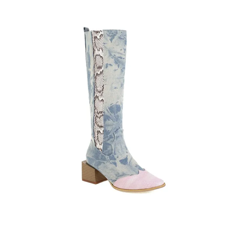 Women's Patchwork Block Chunky Heel Knee High Boots