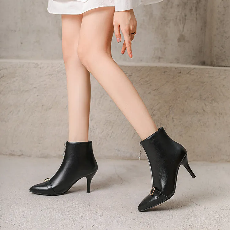Women's Patchwork Buckle Strap Pointed Toe Spike Heel Ankle Boots