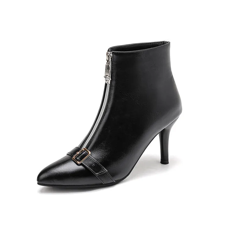 Women's Patchwork Buckle Strap Pointed Toe Spike Heel Ankle Boots