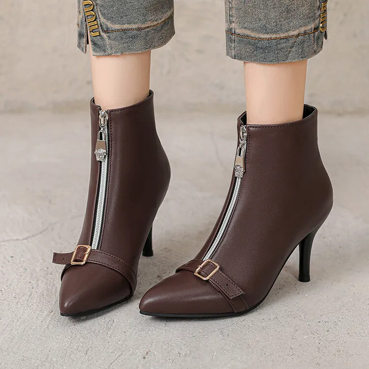 Women's Patchwork Buckle Strap Pointed Toe Spike Heel Ankle Boots