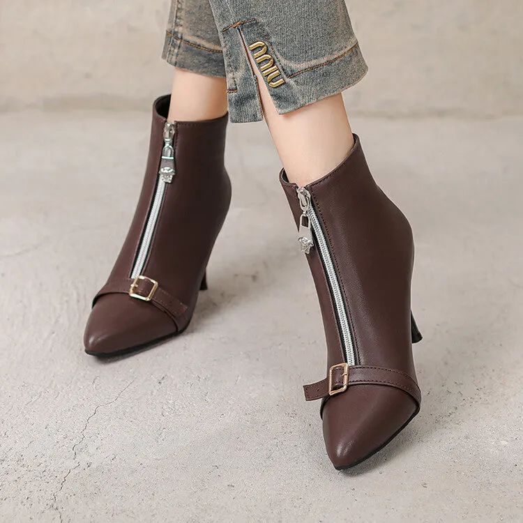 Women's Patchwork Buckle Strap Pointed Toe Spike Heel Ankle Boots