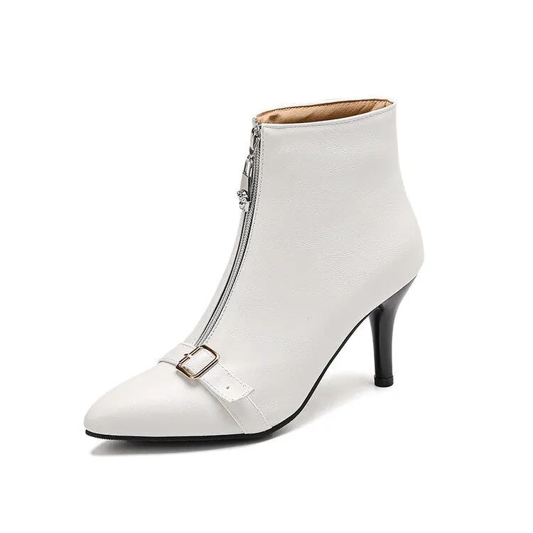 Women's Patchwork Buckle Strap Pointed Toe Spike Heel Ankle Boots