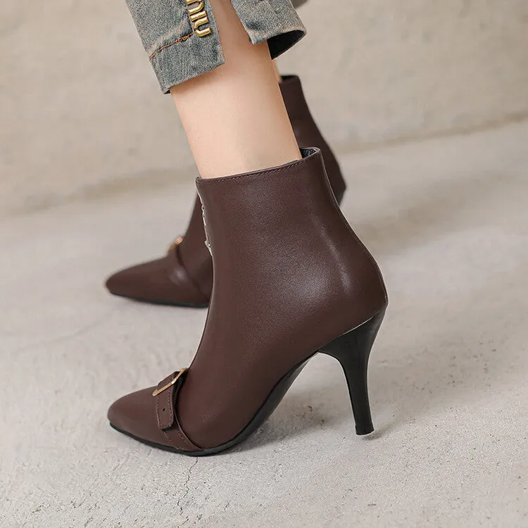 Women's Patchwork Buckle Strap Pointed Toe Spike Heel Ankle Boots