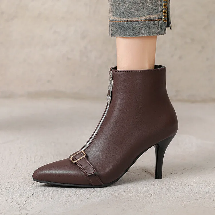 Women's Patchwork Buckle Strap Pointed Toe Spike Heel Ankle Boots