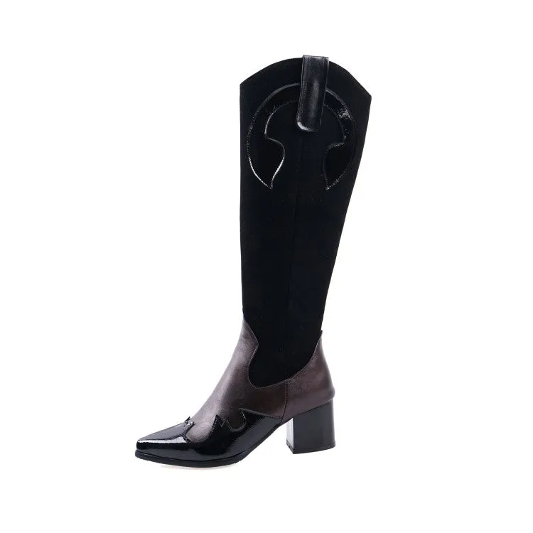 Women's Patchwork Pointed Toe Block Chunky Heel Knee High Boots