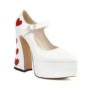 Women's Pearls Love Hearts Spool Heel Mary Jane Platform Pumps