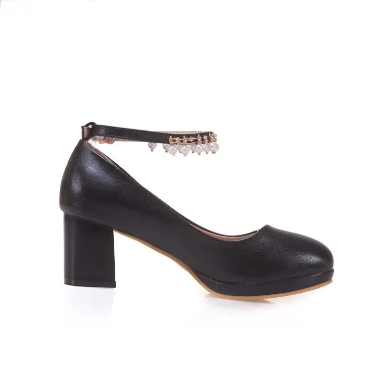 Women's Pearls Tassel Ankle Strap Block Heel Platform Pumps