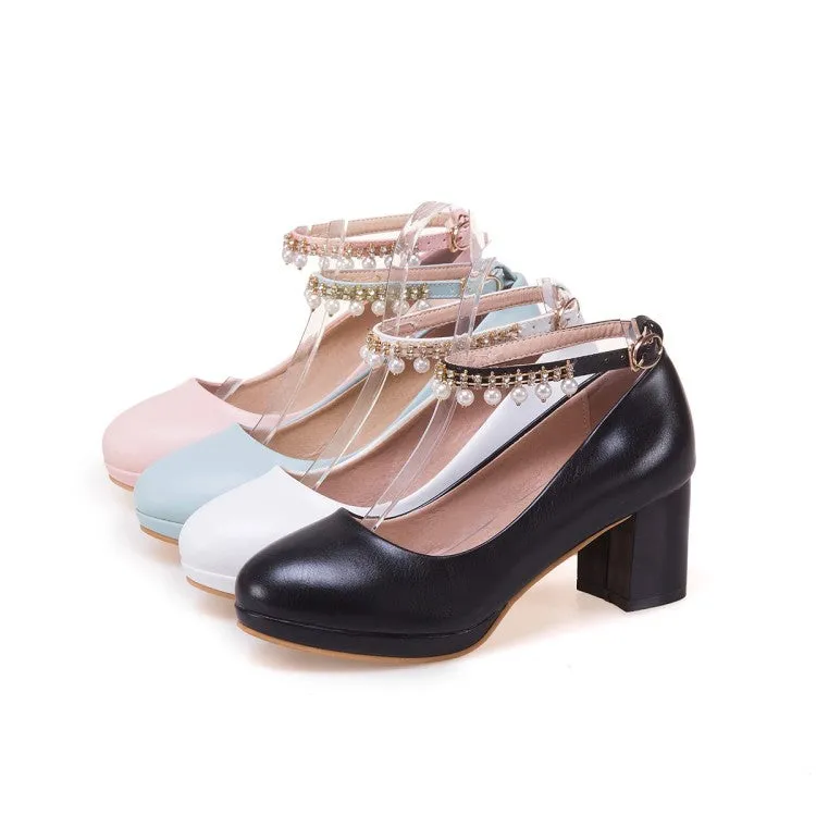 Women's Pearls Tassel Ankle Strap Block Heel Platform Pumps