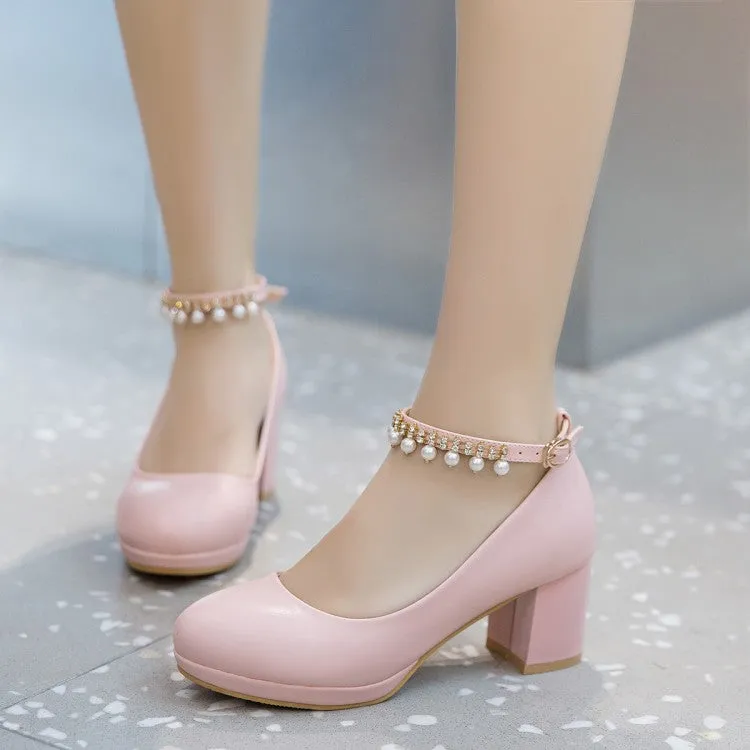 Women's Pearls Tassel Ankle Strap Block Heel Platform Pumps