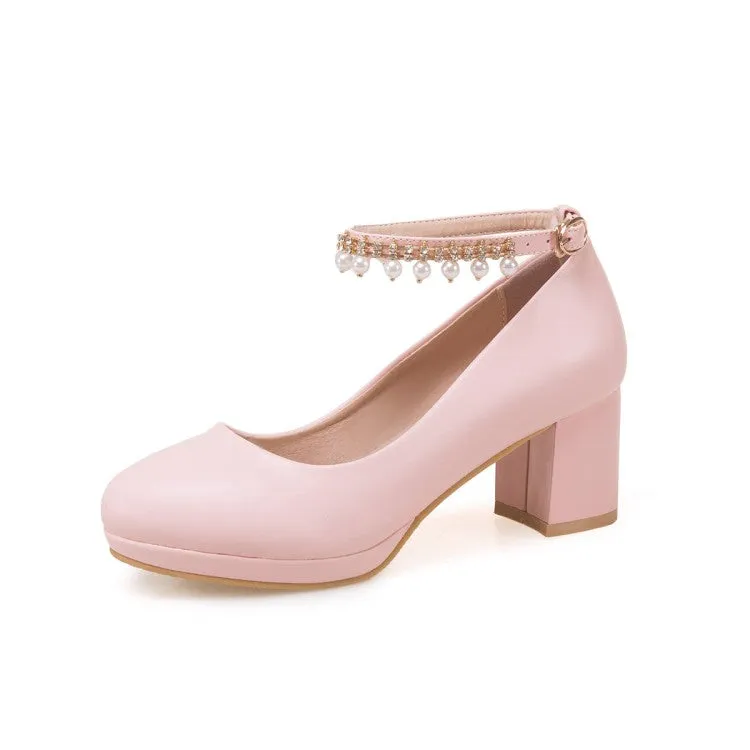 Women's Pearls Tassel Ankle Strap Block Heel Platform Pumps