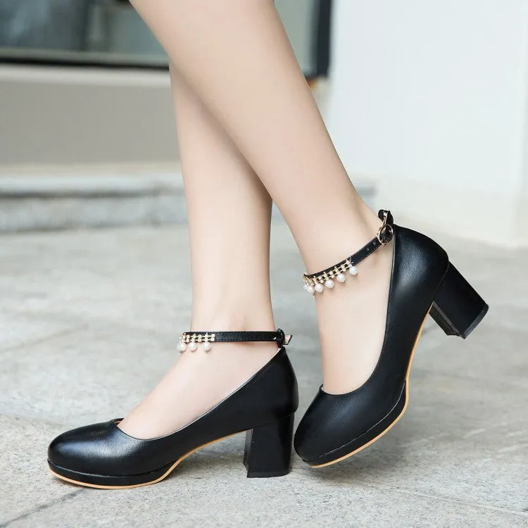 Women's Pearls Tassel Ankle Strap Block Heel Platform Pumps