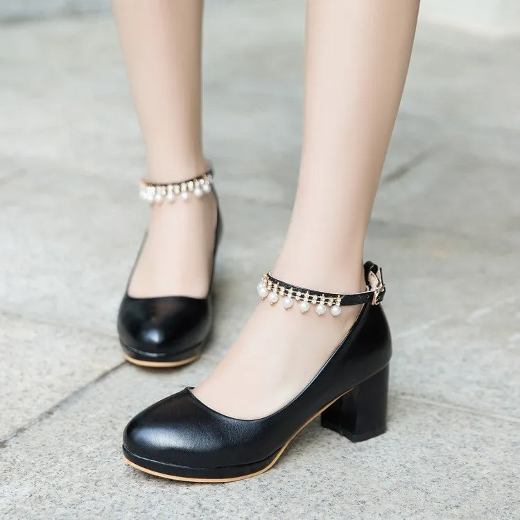 Women's Pearls Tassel Ankle Strap Block Heel Platform Pumps