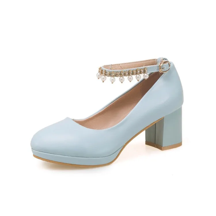Women's Pearls Tassel Ankle Strap Block Heel Platform Pumps