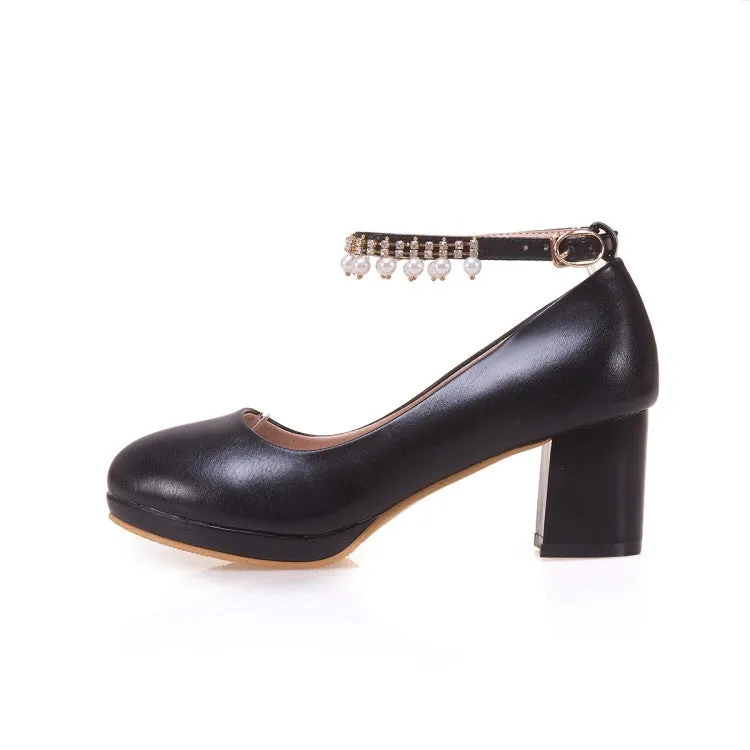 Women's Pearls Tassel Ankle Strap Block Heel Platform Pumps