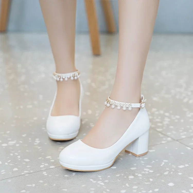 Women's Pearls Tassel Ankle Strap Block Heel Platform Pumps