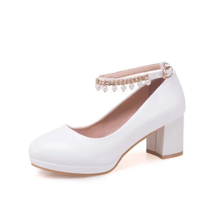 Women's Pearls Tassel Ankle Strap Block Heel Platform Pumps