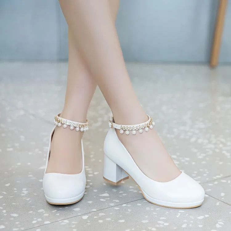 Women's Pearls Tassel Ankle Strap Block Heel Platform Pumps