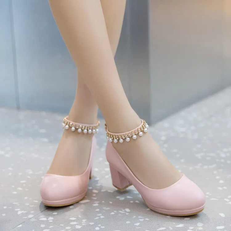 Women's Pearls Tassel Ankle Strap Block Heel Platform Pumps