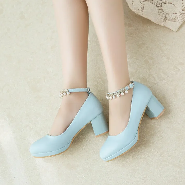 Women's Pearls Tassel Ankle Strap Block Heel Platform Pumps