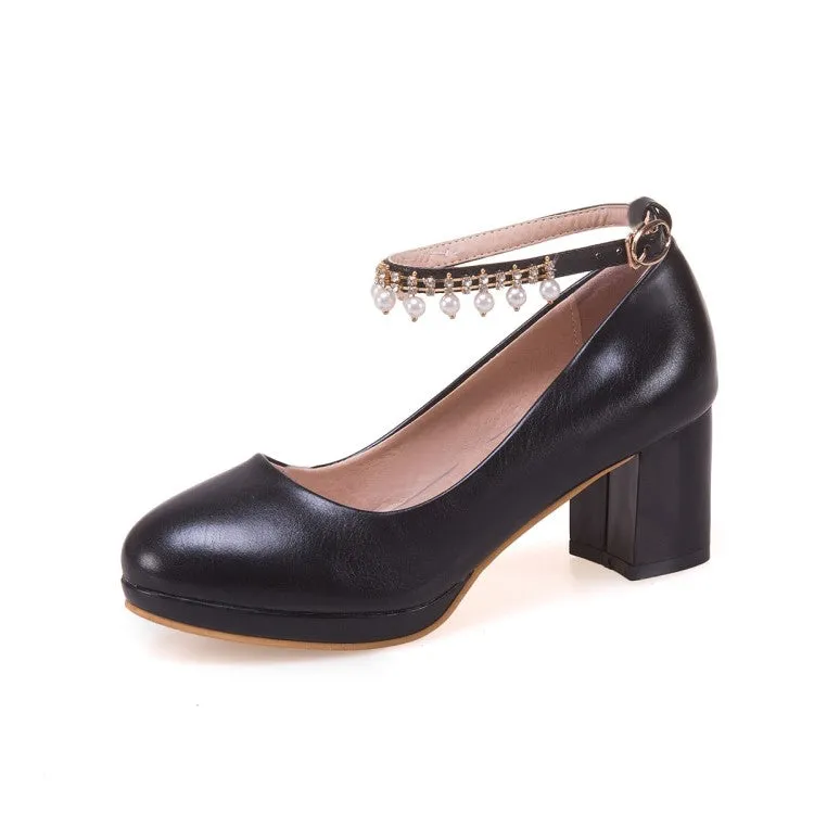 Women's Pearls Tassel Ankle Strap Block Heel Platform Pumps