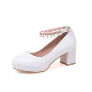 Women's Pearls Tassel Ankle Strap Block Heel Platform Pumps