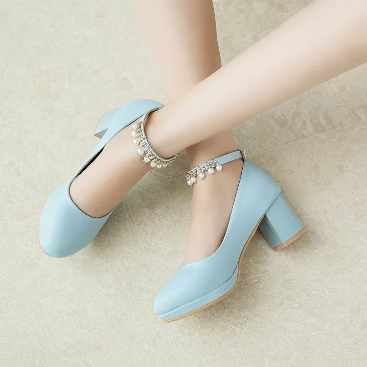 Women's Pearls Tassel Ankle Strap Block Heel Platform Pumps