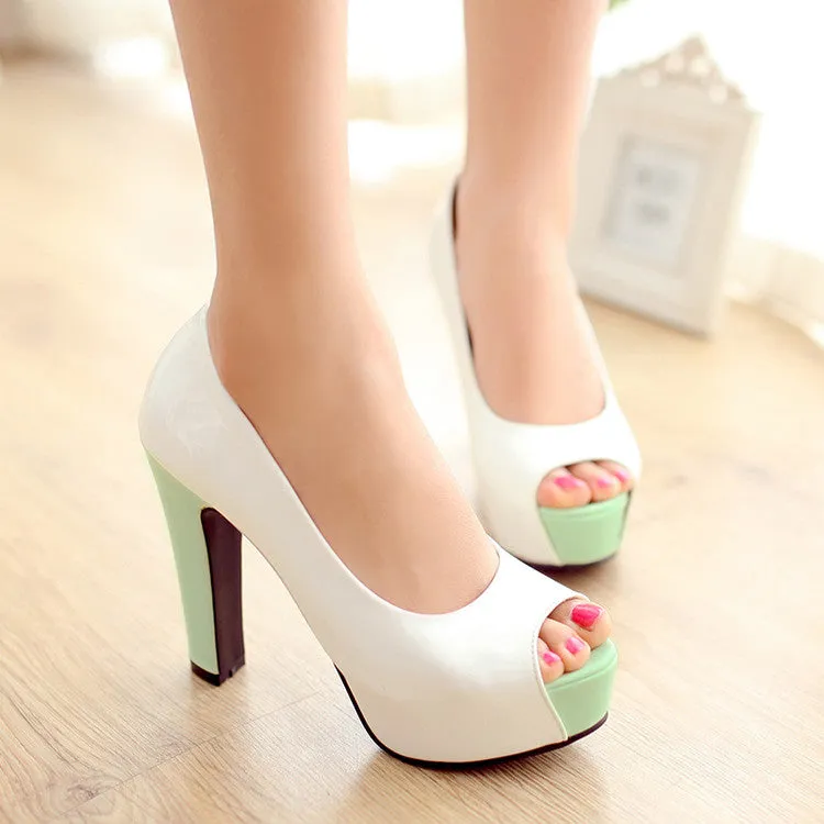 Women's Peep Toe Block Heels Pumps Jelly Shoes