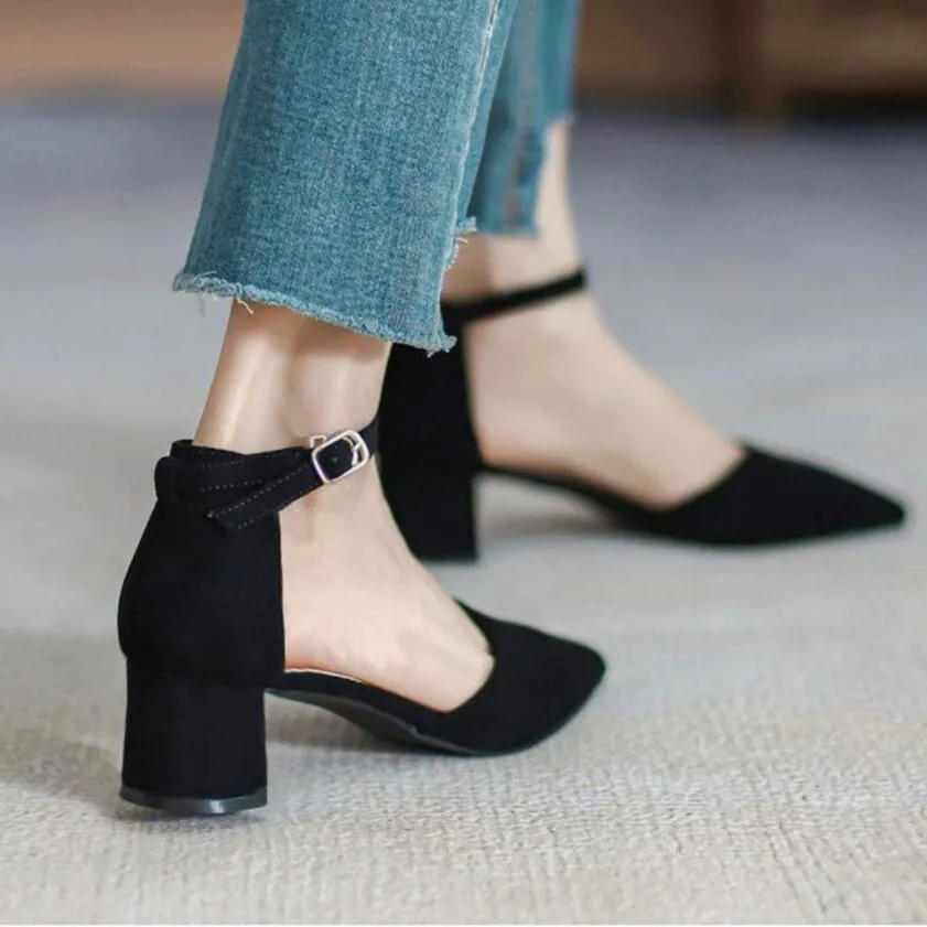 Women's Petite Chunky Heel Suede Shoes DS271