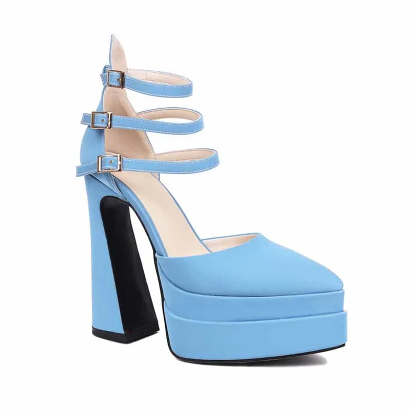 Women's Platform Pumps Chunky Ankle Strap Round Toe High Heel Shoes