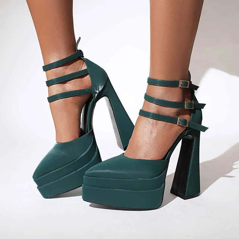 Women's Platform Pumps Chunky Ankle Strap Round Toe High Heel Shoes