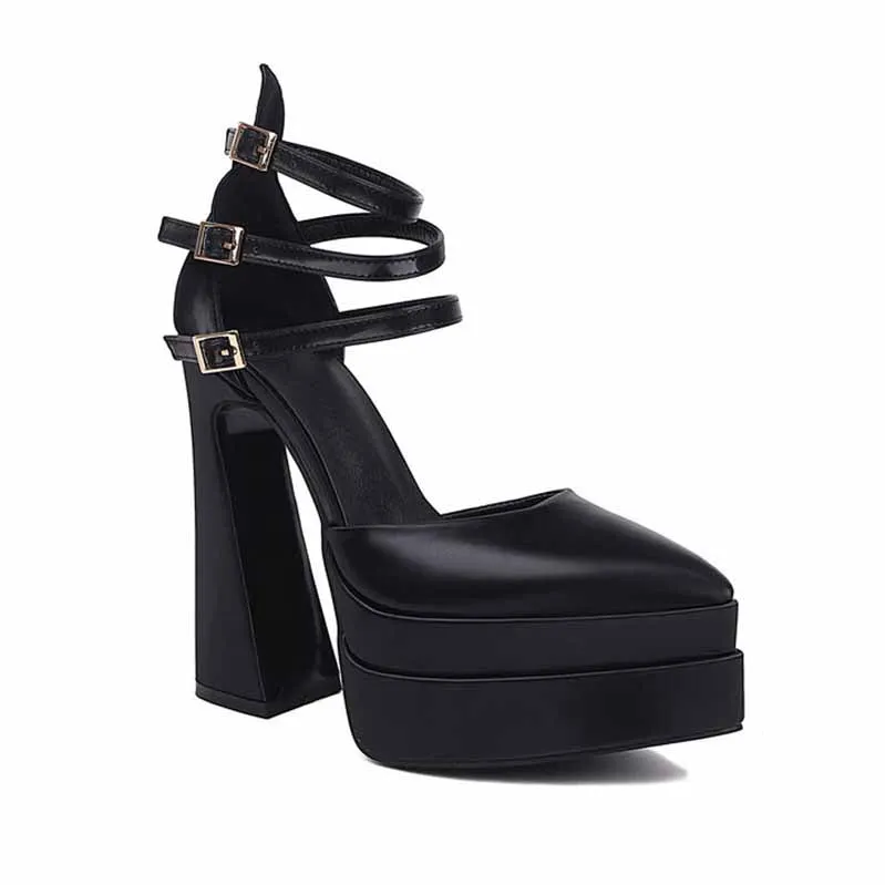 Women's Platform Pumps Chunky Ankle Strap Round Toe High Heel Shoes