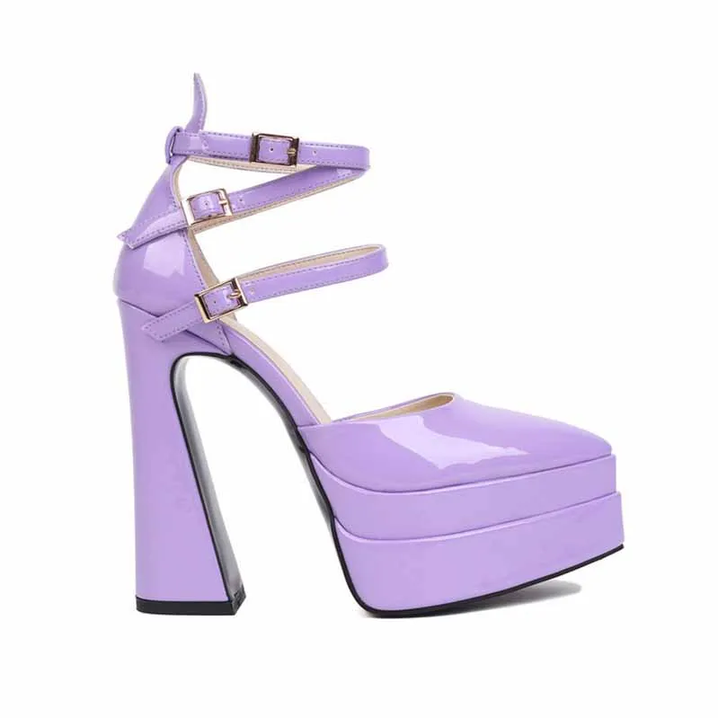 Women's Platform Pumps Chunky Ankle Strap Round Toe High Heel Shoes
