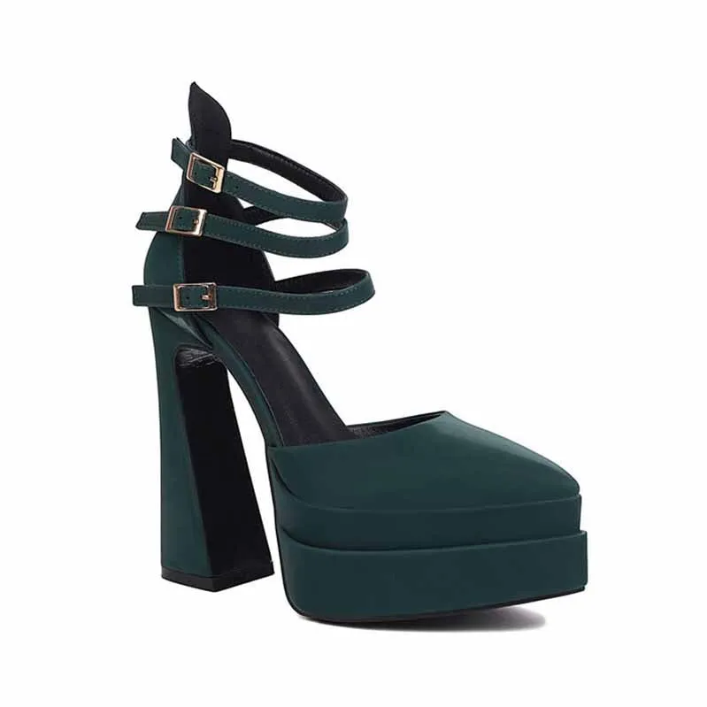 Women's Platform Pumps Chunky Ankle Strap Round Toe High Heel Shoes