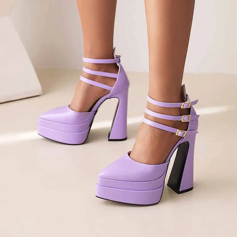 Women's Platform Pumps Chunky Ankle Strap Round Toe High Heel Shoes