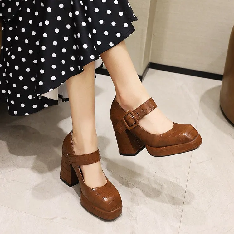 Women's Platform Pumps Crocodile Pattern Mary Janes Buckle Straps Block Chunky Heel