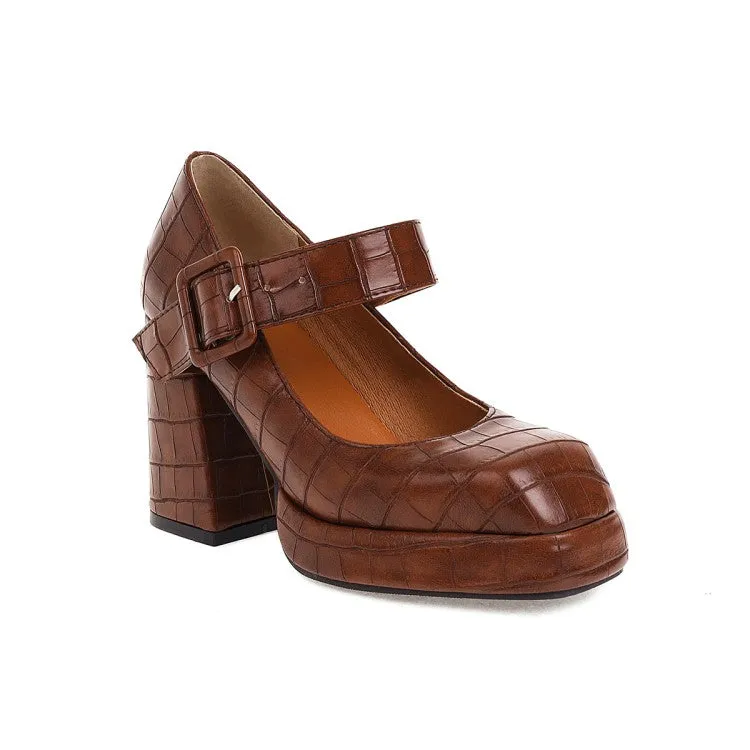 Women's Platform Pumps Crocodile Pattern Mary Janes Buckle Straps Block Chunky Heel